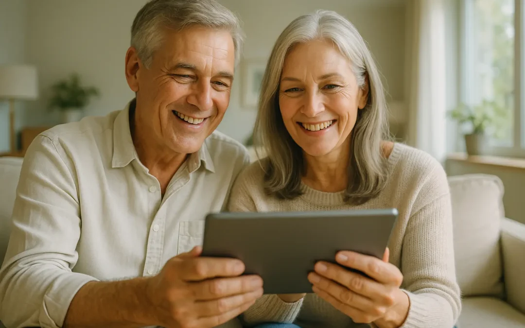 Couple de seniors comparant la meilleure mutuelle santé senior sur un site de comparaison en ligne