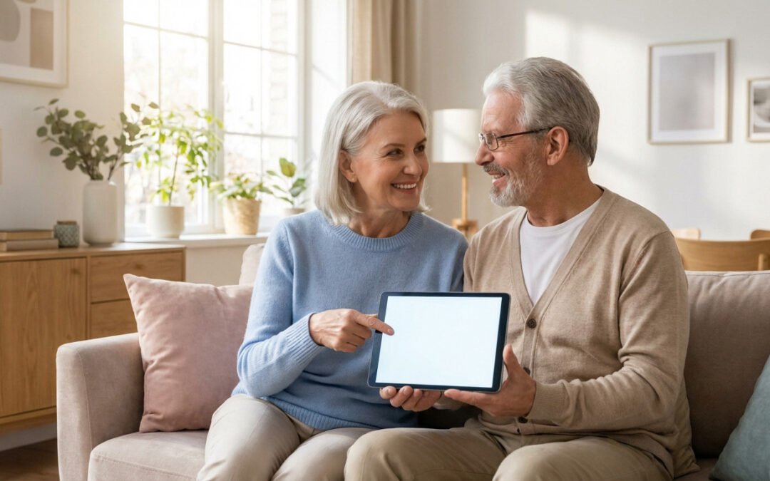 A smiling senior couple reviews information on a tablet in a bright, modern living room, conveying peace of mind.
