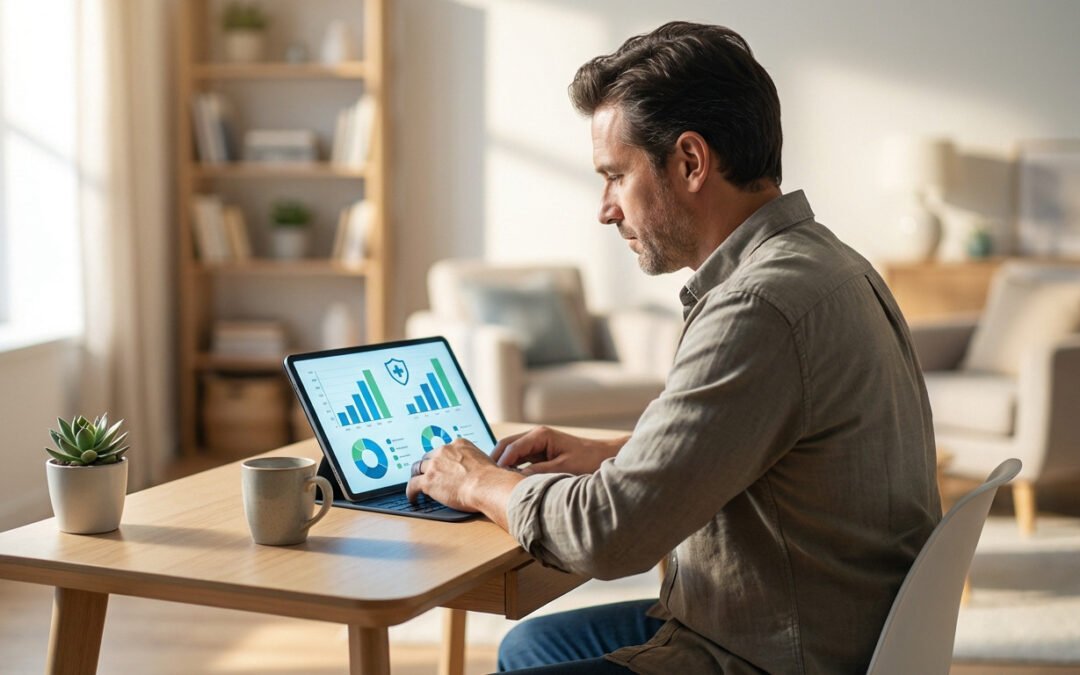 Man in home office comparing health insurance costs on a tablet with charts and graphs, focused on financial data.