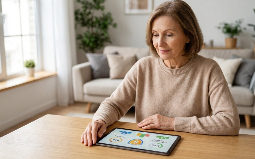 Thoughtful older woman reviews health insurance and retirement budget options on a tablet in a modern, sunlit home.
