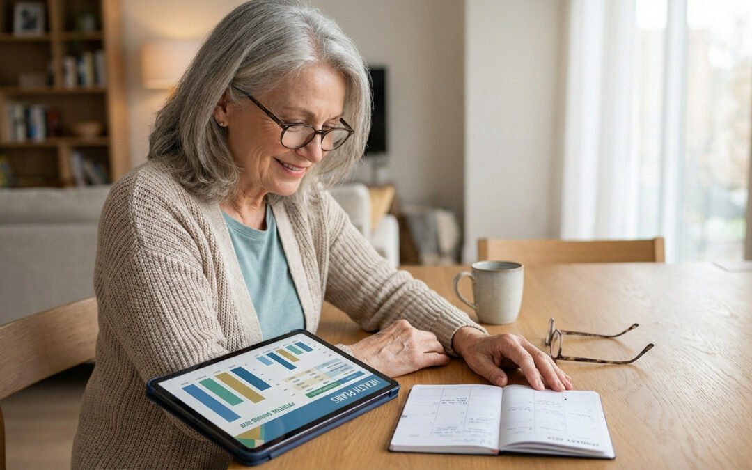 Smiling senior woman in glasses reviews health plans and potential savings on a tablet, with a 2026 planner on the table.